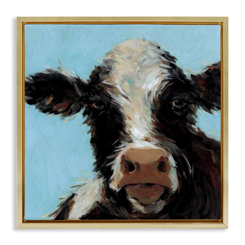 Vache avec cadre flottant à cheveux vaporeux, design par Wani Pasion, H 25 po x l 25 po, Cadre flottant métallique doré