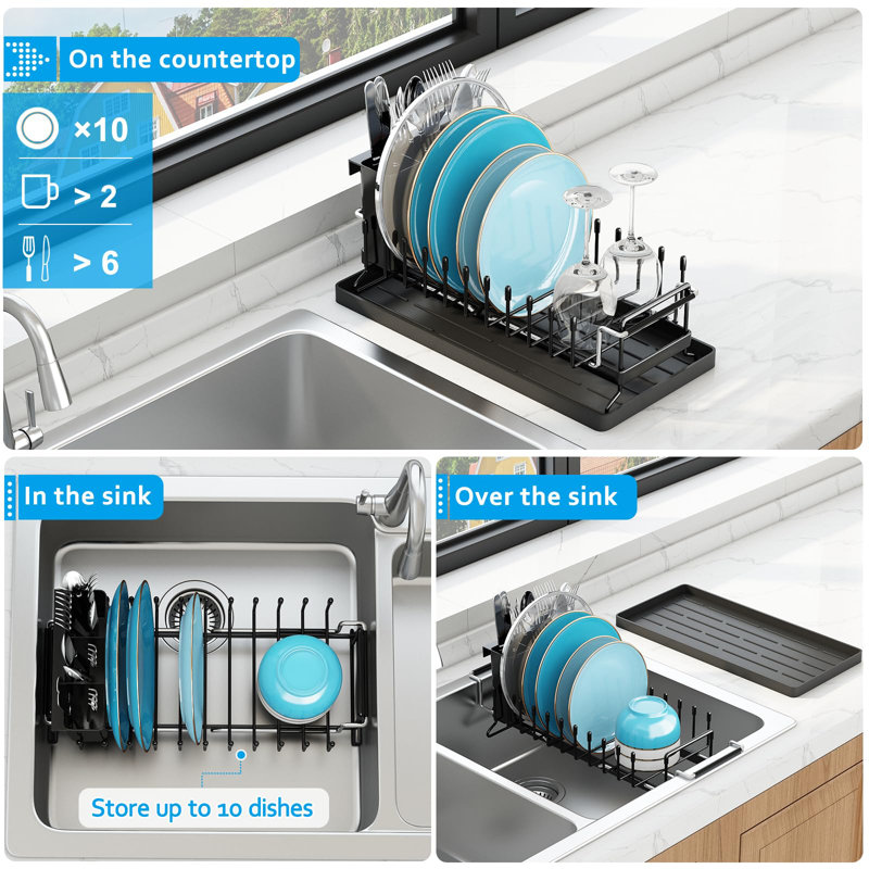 Sink Dish Drying Rack，Expandable Small Dish Rack Over Sink With Silicone Drying Tray