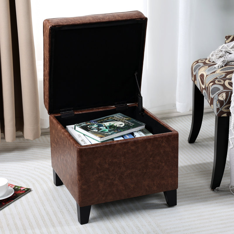 17.5" Faux Leather Ottoman With Lift-Top Storage, Pecan Brown