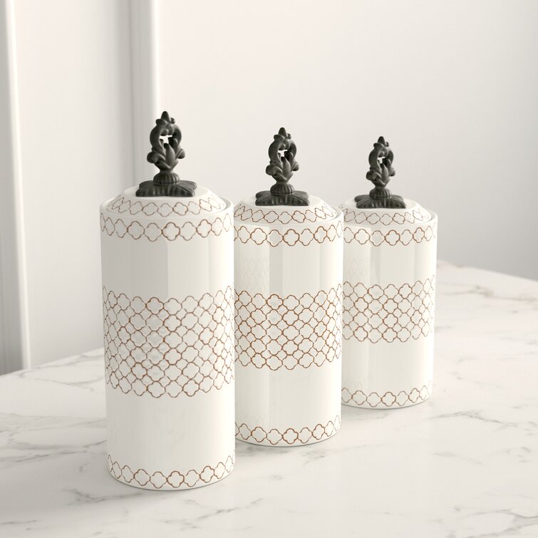 One Allium Way Embossed 3 Piece Kitchen Canister Set, White