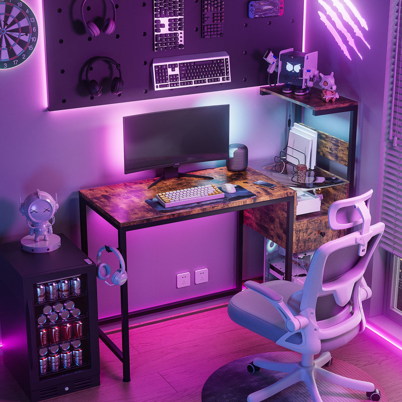 Brown Computer Desk With Power Outlet & Storage