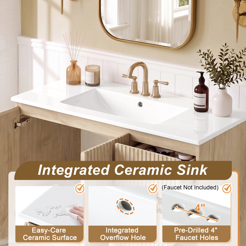 Meuble-lavabo mural traditionnel de 91 cm (36 po) avec lavabo en céramique, armoire de rangement avec 3 tiroirs et charnières à fermeture silencieuse.
