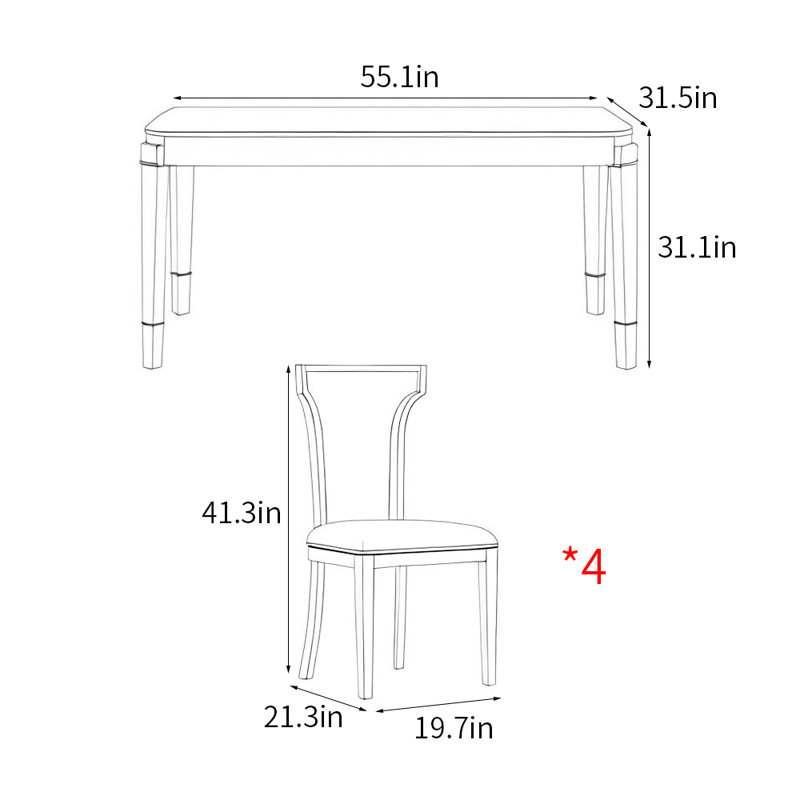 French style modern rectangular dining table sets, 31.1"H x 55.1"L x 31.5"W
