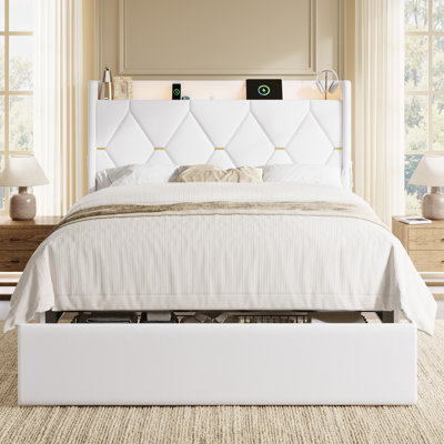 Cadre de lit plateforme rembourré, grands tiroirs de rangement au pied du lit, tablette ouverte en tête de lit, éclairage DEL, chargement USB-C, sommier non requis, options chenille ou velours hollandais