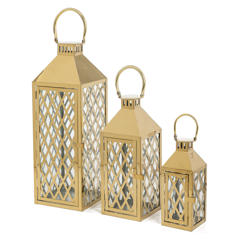 Etoile Glow Metal & Glass Lantern Candle Holder ( Set Of 3 )