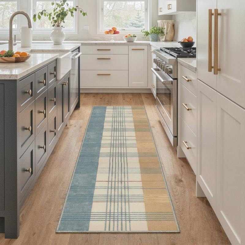 Vesper Modern Plaid Machine Washable Blue / Yellow / Beige Indoor Area Rug with Non-Slip Backing, Runner 2' x 6'