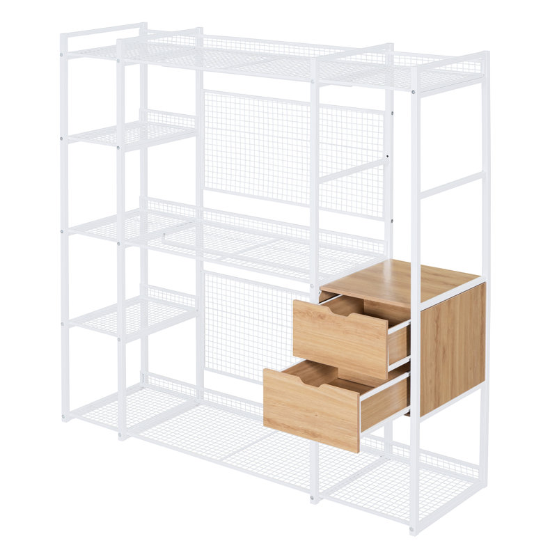  Open-Style Wardrobe with Hanging Rails, Shelves, Drawers, and Modern Bedroom Storage Solution, White