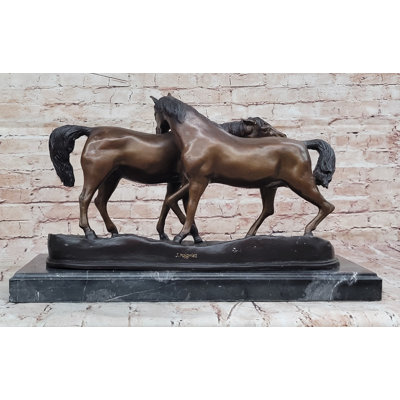 Bronze Horses Sculpture – Pair of Grazing Stallions Statue on Marble Base