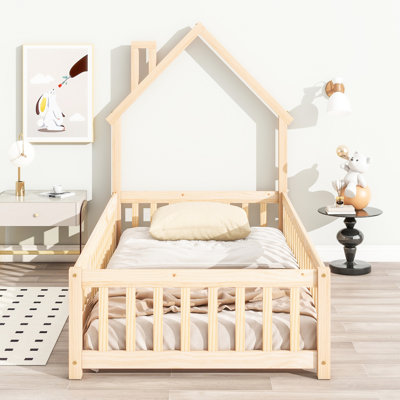 Lit pour tête de lit simple en forme de maison avec clôture sécuritaire - Meubles en bois de pin de qualité pour chambre à coucher
