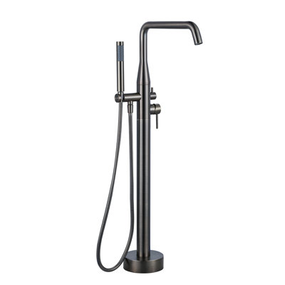 Double Handle Floor Mounted Freestanding Tub Faucet With Handheld Shower In Antique Bronze