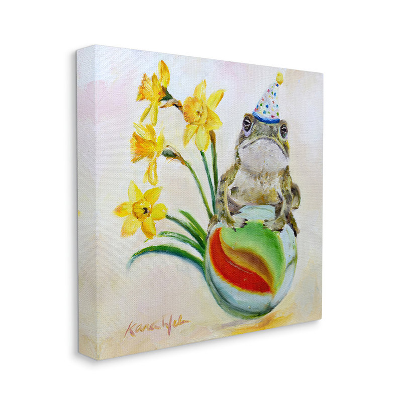 Party Frog sur des fleurs de jonquille en marbre jaune - impression d'art graphique, Toile tendue