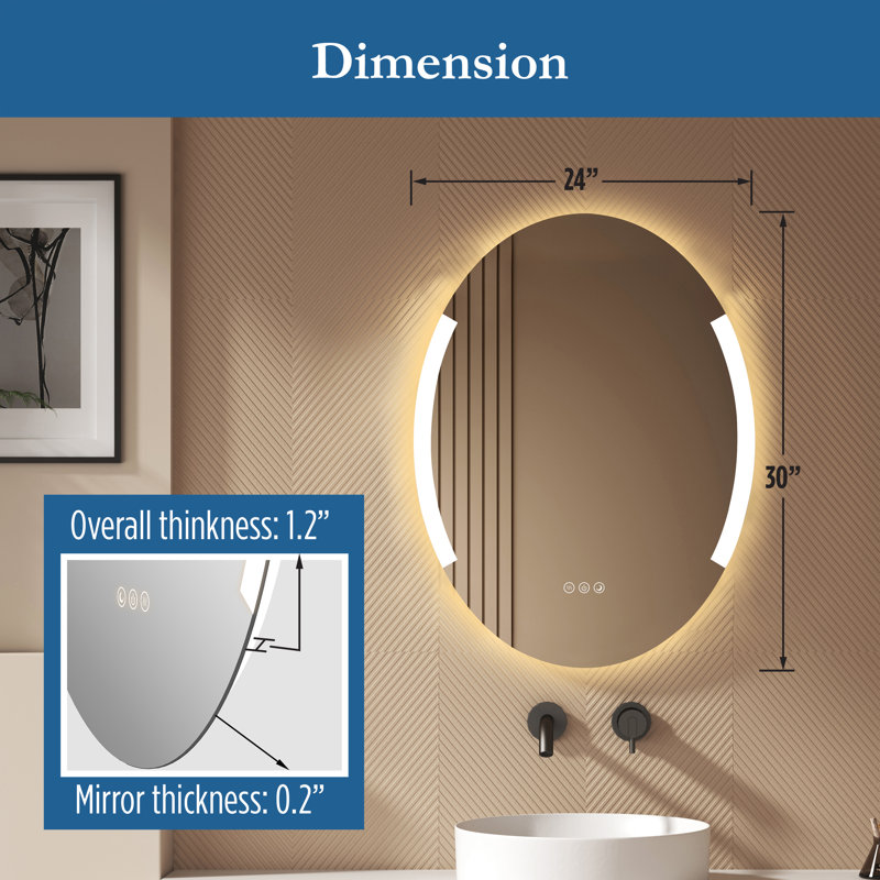 Miroir de salle de bain anti-buée à DEL à intensité variable sans cadre 24 po x 32 po Kesgrave, Oval