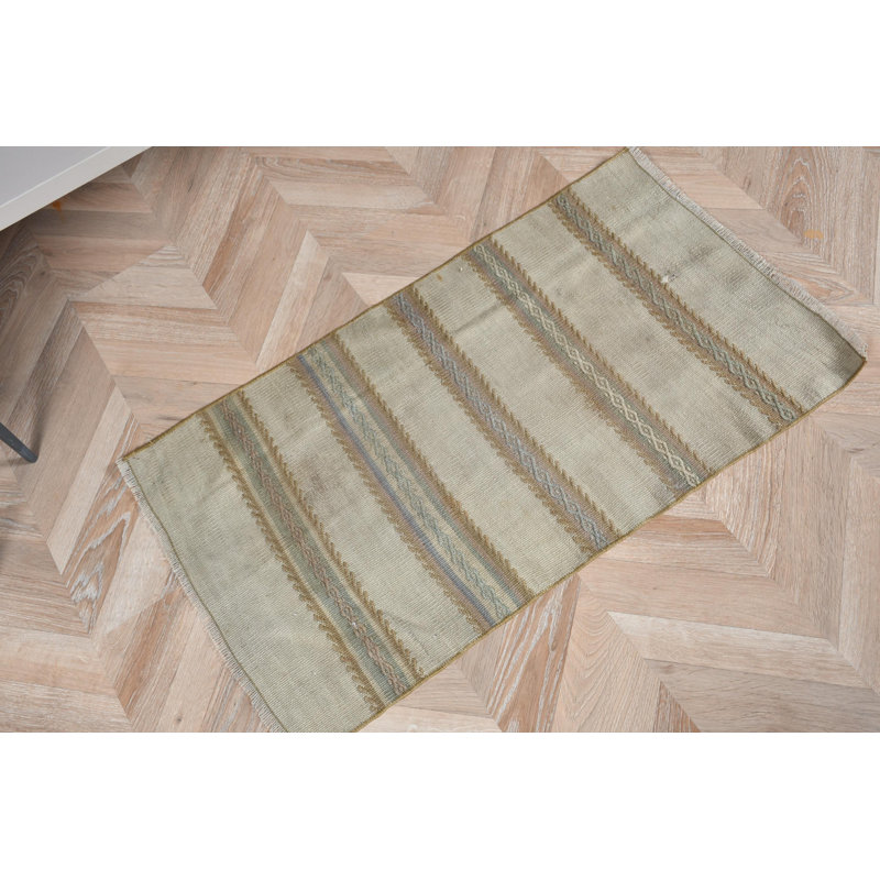 Small Vintage Green Striped Turkish Anatolian Kilim Rug Ideal for Bathrooms