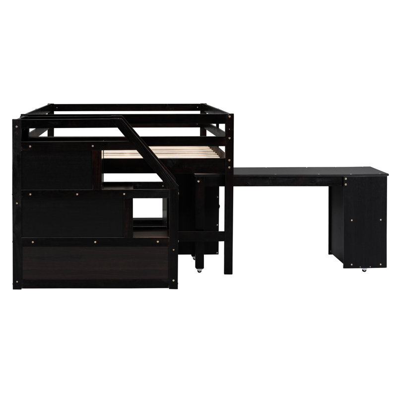 Lit mezzanine avec espace de rangement et 3 tiroirs, bureau escamotable inclus, lit de construction solide, tiroirs dynamiques
