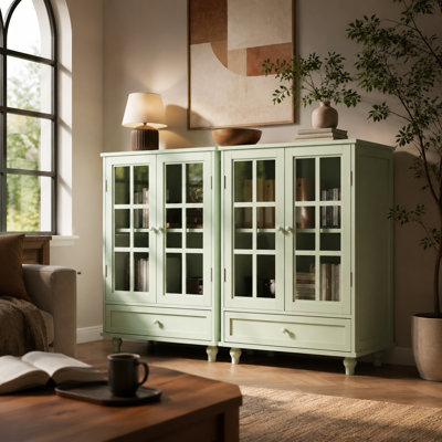 Buffet Cabinet With Glass Doors Drawer Adjustable Shelves Solid Wood Legs Modern Storage