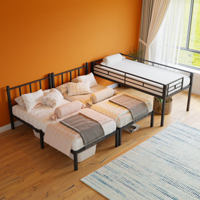 Metal Triple Twin Bunk Bed With Convertible Design And Safety Features For Dorm Or Guest Room