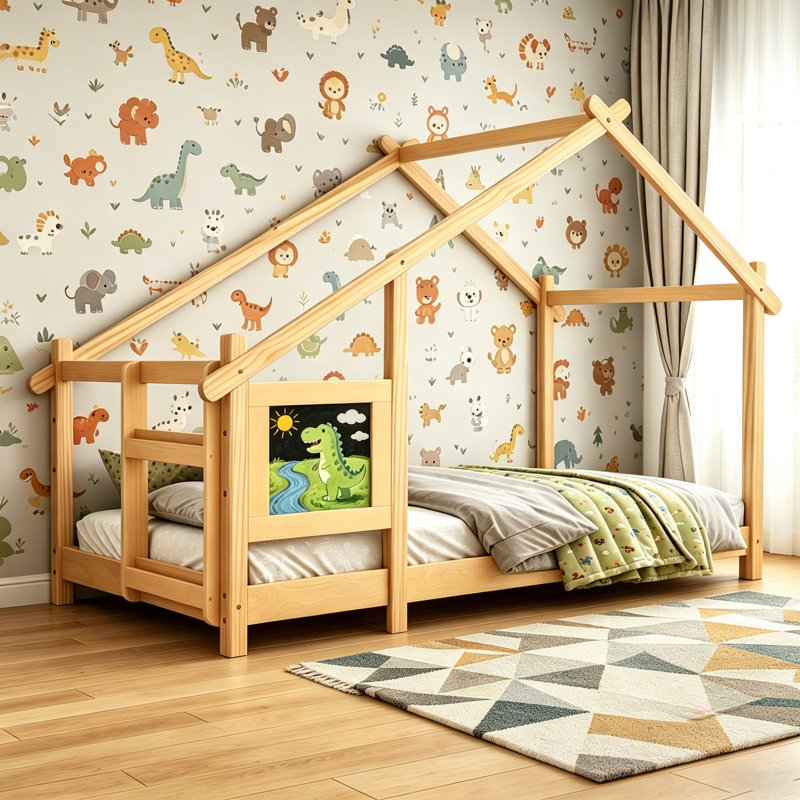 Lit simple pour enfant avec tableau noir et garde-corps, Jaune