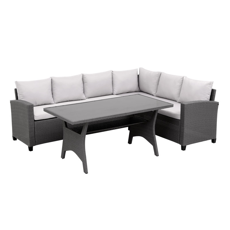 Herlihy Garden Rattan Dining Set with L Shape Sofa Rectangular 6 - Person 144cm Long Dining Set with Cushions