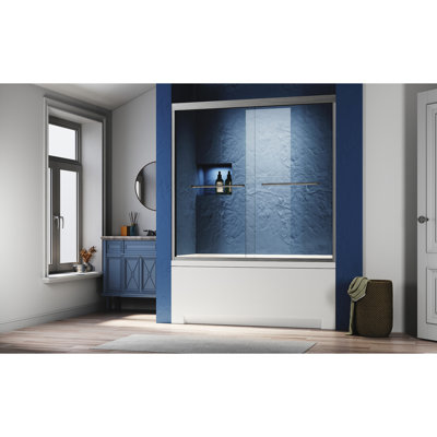 Brushed Nickel Semi Tub Door 56 - 60 In. W X 57 H. Thick Clear Tempered Glass. 304 Stainless Steel Handles. Robust Thickening Rail System. Rust Construction. Quiet Sliding Rollers. User- Towel Easy