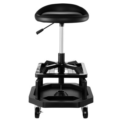 Adjustable Height Workshop Stool With 300 Lbs Capacity, Dual Tool Storage, 360 Movement And Locking, Black Foam Seat Shop Load, For