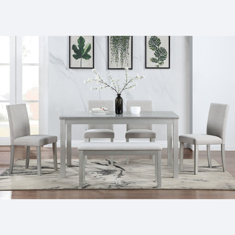 Wooden Dining Rectangular Table With Bench, Kitchen Table With Bench  Small Space,  Person Dining Table, Grey, Silver Gray