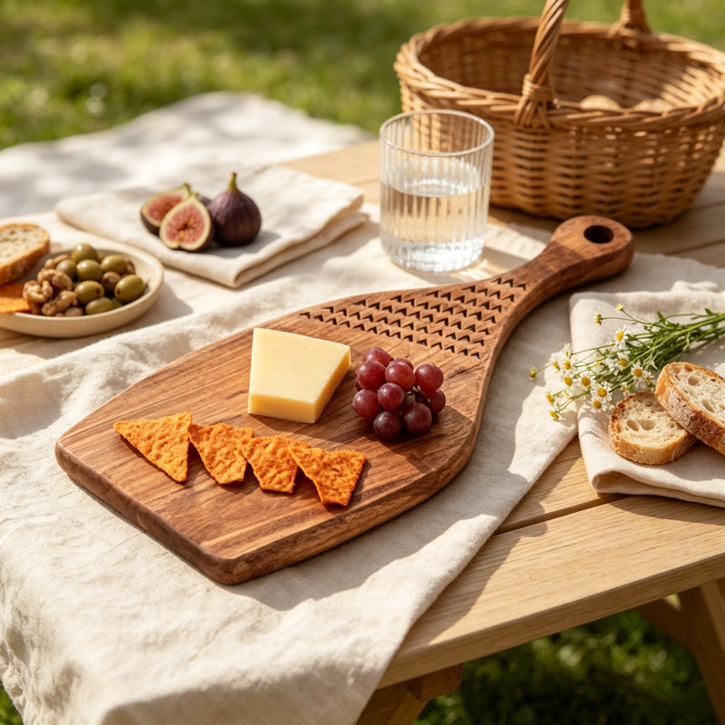 Handcrafted Acacia Wood Paddle Cutting Board Engraved Serving Board with Handle for Kitchen and Dining