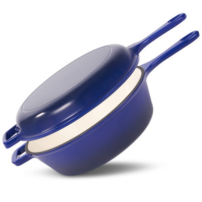 Enameled Cast Iron Skillets, 2-in-1 Cast Iron Dutch Oven Pot with Lid Set, 3QT Dutch Oven + 1.5QT Skillet for Frying, Baking, Stewing, Grilling, Indoor and Outdoor, Blue