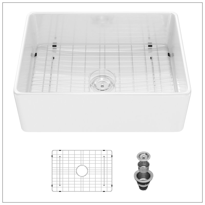 Évier de cuisine 28 blanc 28 po - Cuvette simple en céramique avec évier de cuisine et grille inférieure 28 po