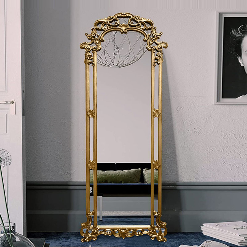 Baroque Hand-Carved Arched Floor-Mounted Full-Length Mirror, 70.87" x 35.43"