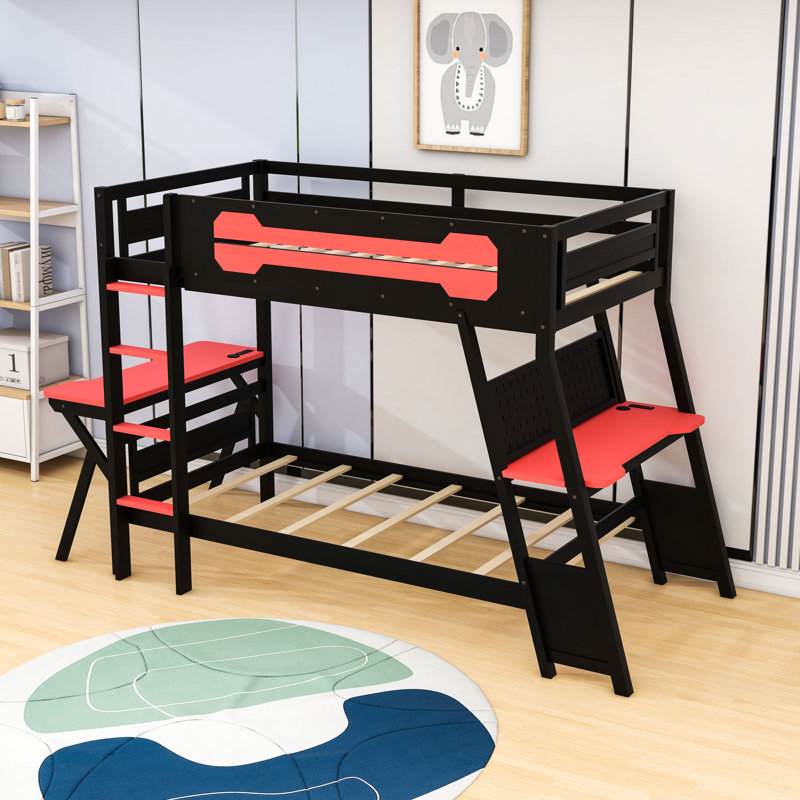 Lit superposé avec ports USB intégrés et panneau perforé, double bureau, Lit superposé simple sur simple, Rouge