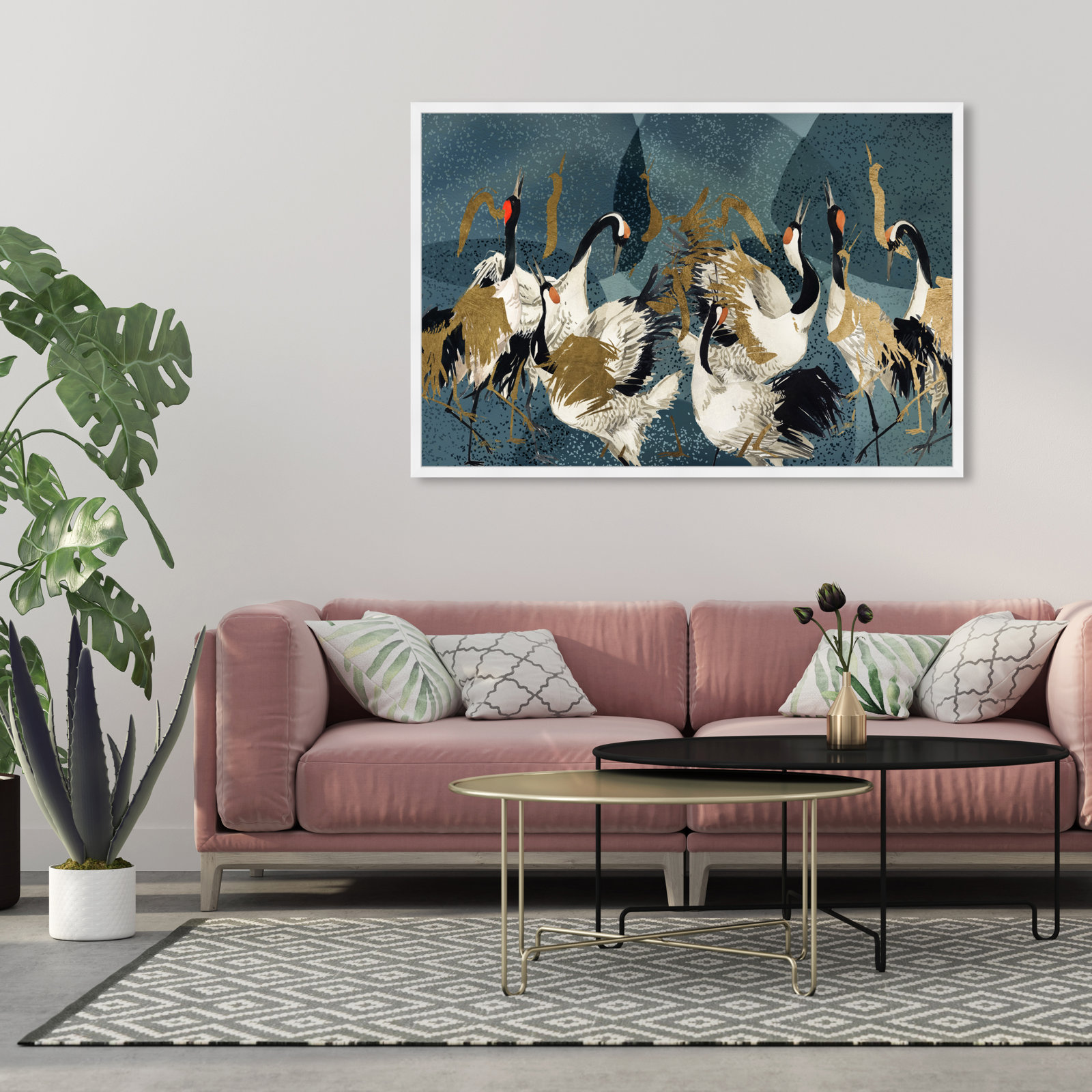 "Crane Love" by Oliver Gal Acrylic Painting Print with Mounting Hardware , White Framed, 38" H x 56" W