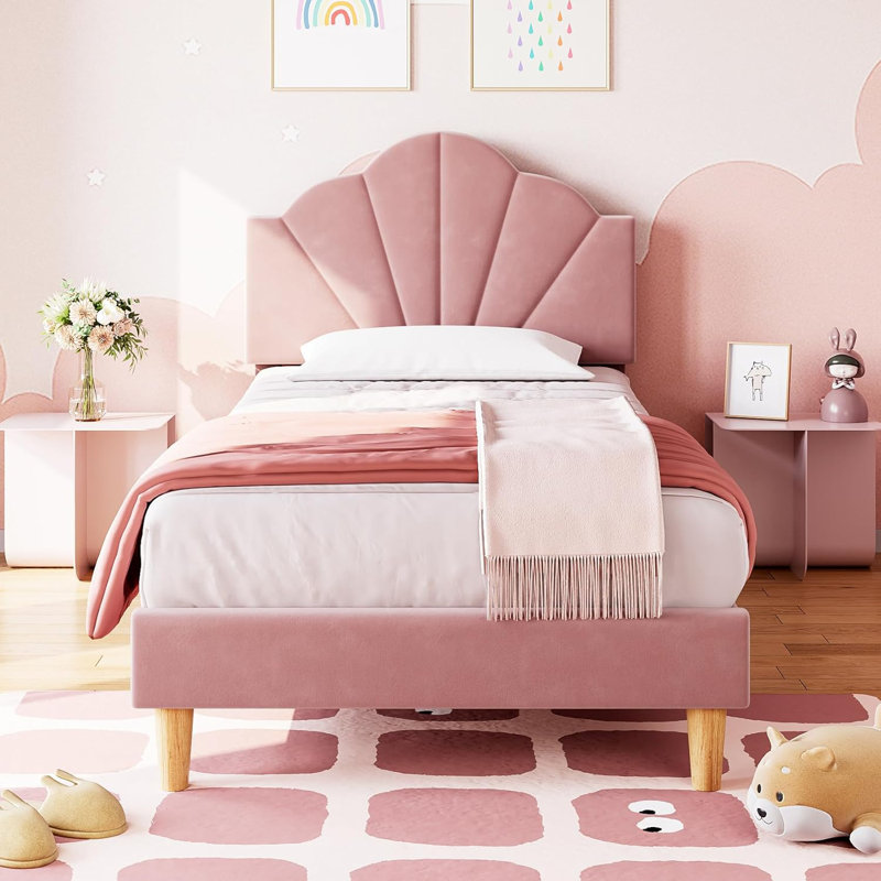 Structure de lit rembourrée en velours avec tête de lit réglable, Rose