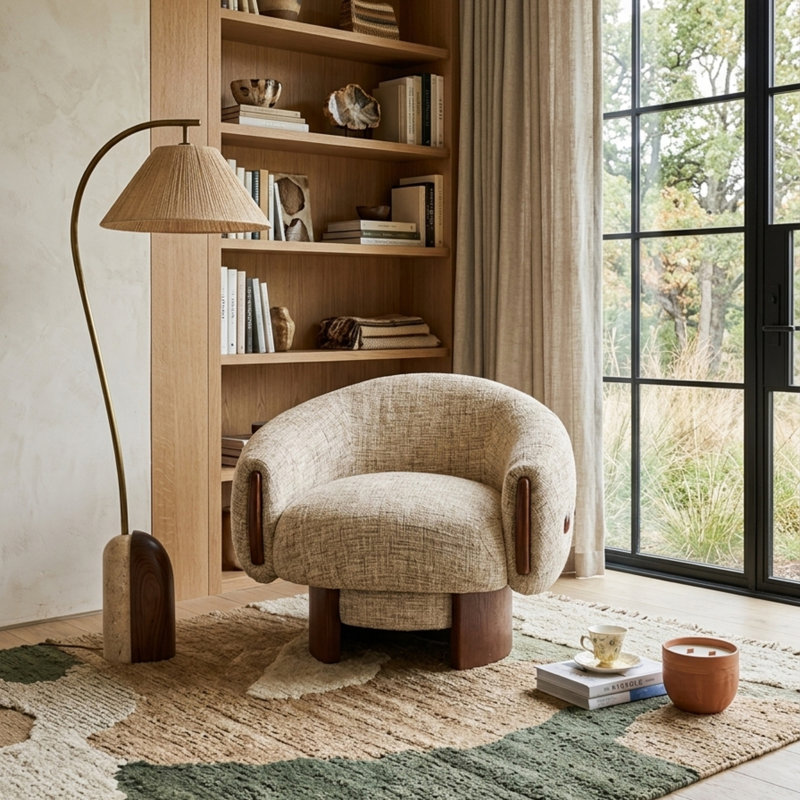 Swivel Accent Chair, Barrel Chair With 180° Auto-return, Chenille Upholstered Modern Mushroom Lounge Chair
