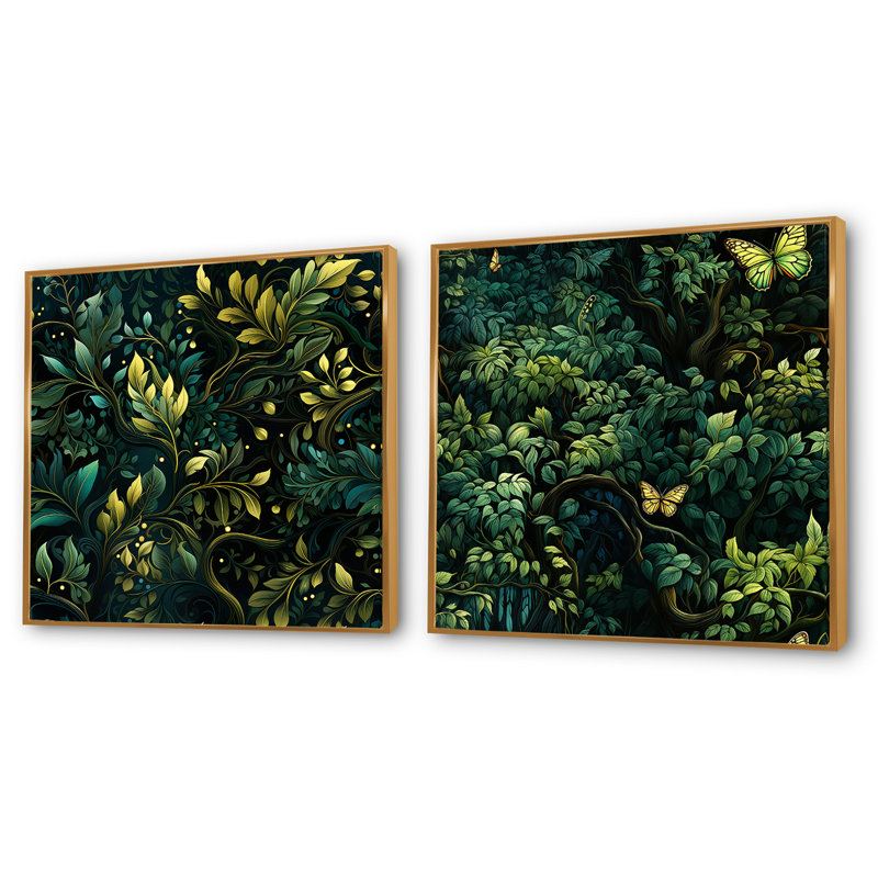 Emerald Canopy Forest - Abstract Botanicals Square Collage Set Of 2, Gold Floater Framed, 16" H x 33" W