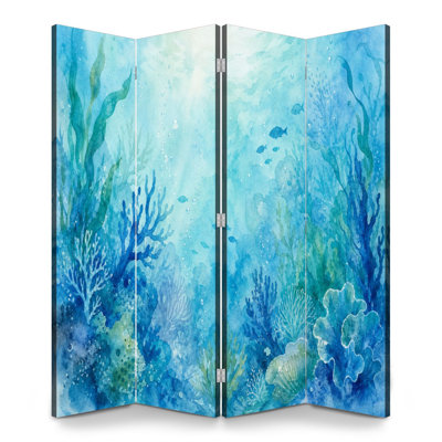 4 Panels Folding Screen Room Divider Royal Underwater Coral Reef Scene Fish Watercolor Art Style Canvas Screen Room Separator Freestanding Protective Wall Divider Privacy Partition