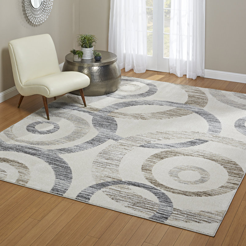 Barcelona Circles Beige/Gray Polyester/Polypropylene Tufted High-Low Area Rug Collection, Rectangle 5'3" x 7'