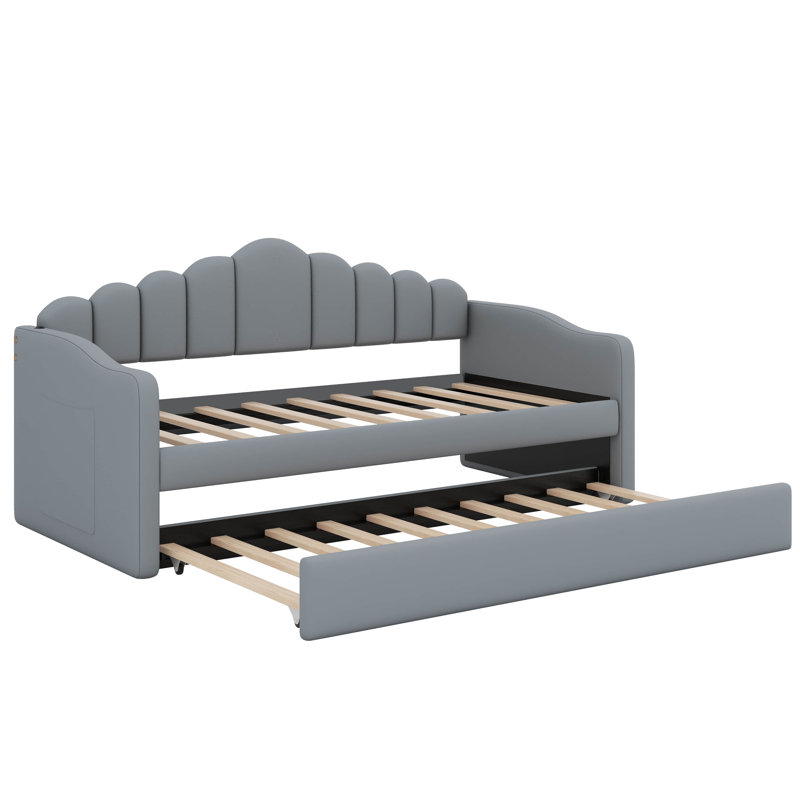 Multifunctional Twin Upholstered Daybed With Pull-Out Trundle And Built-In USB Charging, Gray