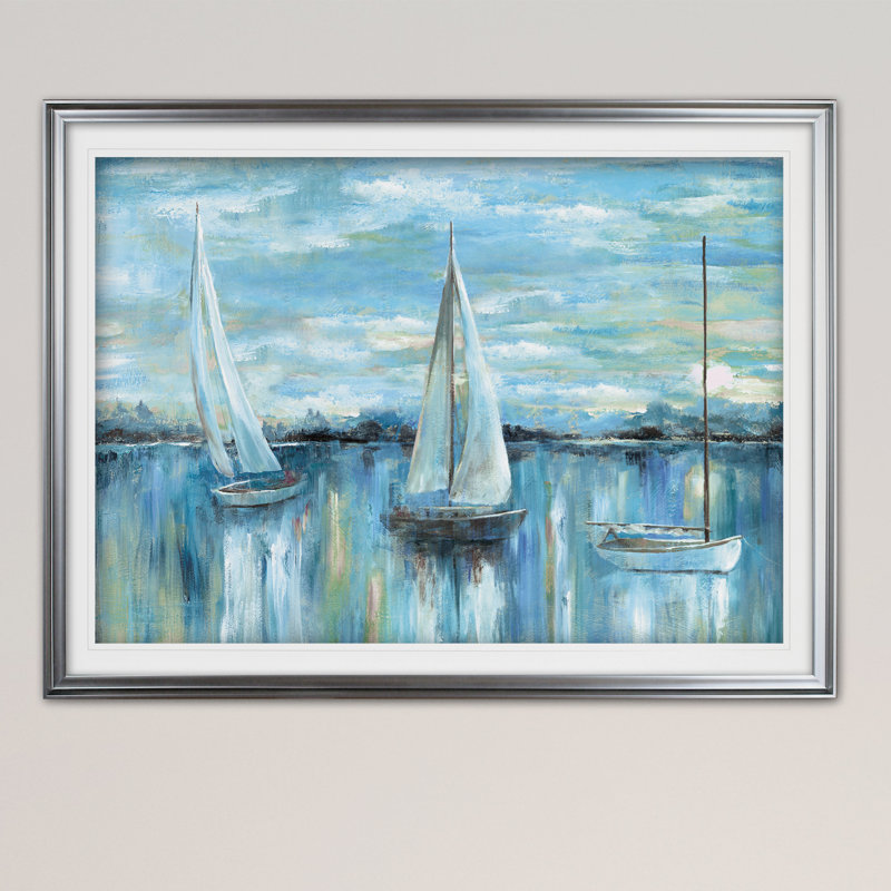 « soirée on the bay », reproduction de peinture à l’acrylique encadrée, H 28 po x l 38 po x P 1,5 po, Argent