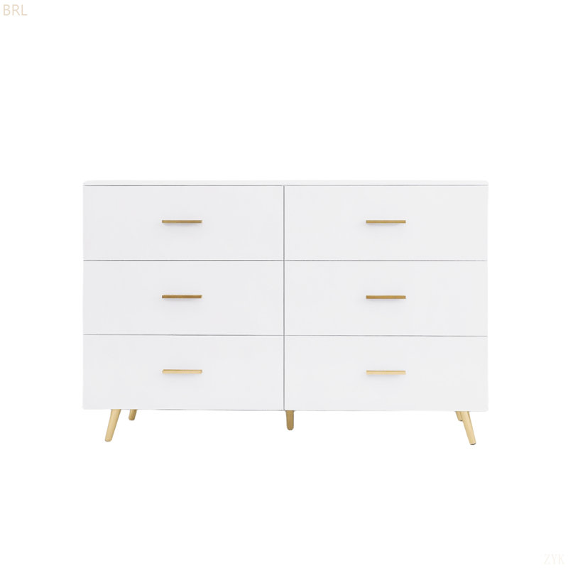 High Glossy Surface 6 Drawers Chest Of Drawer With Golden Handle And Golden Steel Legs White Color Vanity