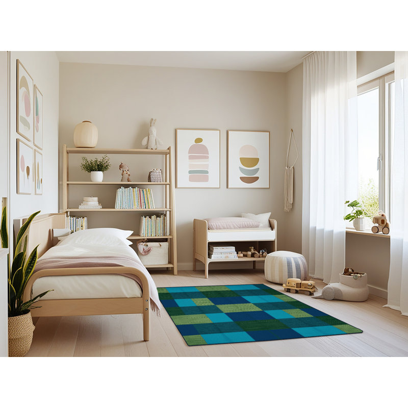 Machine Washable Checkered Blue Area Rug, Rectangle 3' x 5'