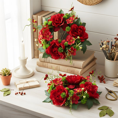 2 Pcs Set, 7.8-inch Peony-style Candle Wreath, Handmade All-season Pillar Candle Wreath with Green Leaves for The Center, Wedding, Valentine's Day, Home Fireplace, Table Centerpiece Floral Decoration