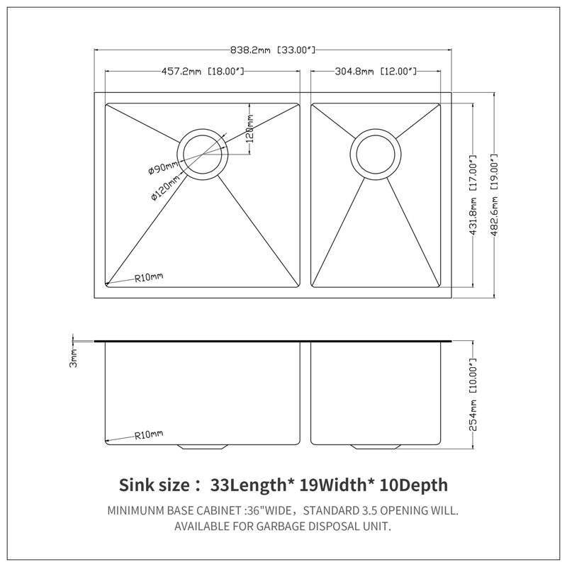 Évier de cuisine à double cuve double (60/40) - évier de cuisine à double cuve en acier inoxydable noir 33 po x 19 po avec deux cuves de 10 po de profondeur
