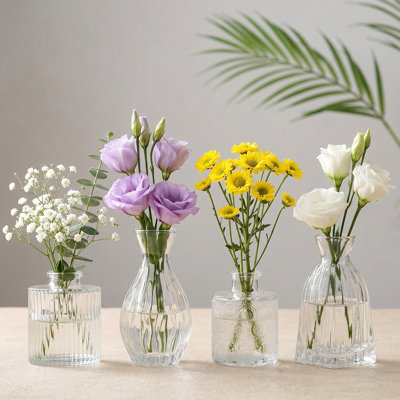 Ensemble de 4 petits vases en verre transparent rétro embossés, mini vases à fleurs pour décorations de table de centre de mariage, parfaits pour les fêtes ou les arrangements floraux à la maison