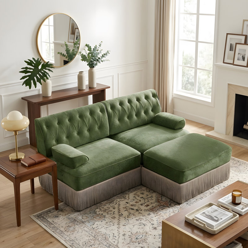 L-shaped, breathable, comfortable fringe-trimmed sofa, Green Velvet, 34.2" H x 76.6" W x 60.3" D
