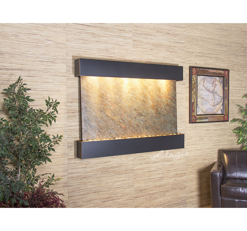 Teton Falls Fountain with Light, Blackened Copper, Green Feather