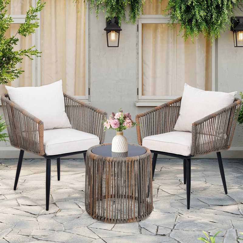 3 Pieces Patio Rattan Bistro Conversation Set, Outdoor All-Weather Wicker Furniture, Beige, White Cushion/Beige Frame