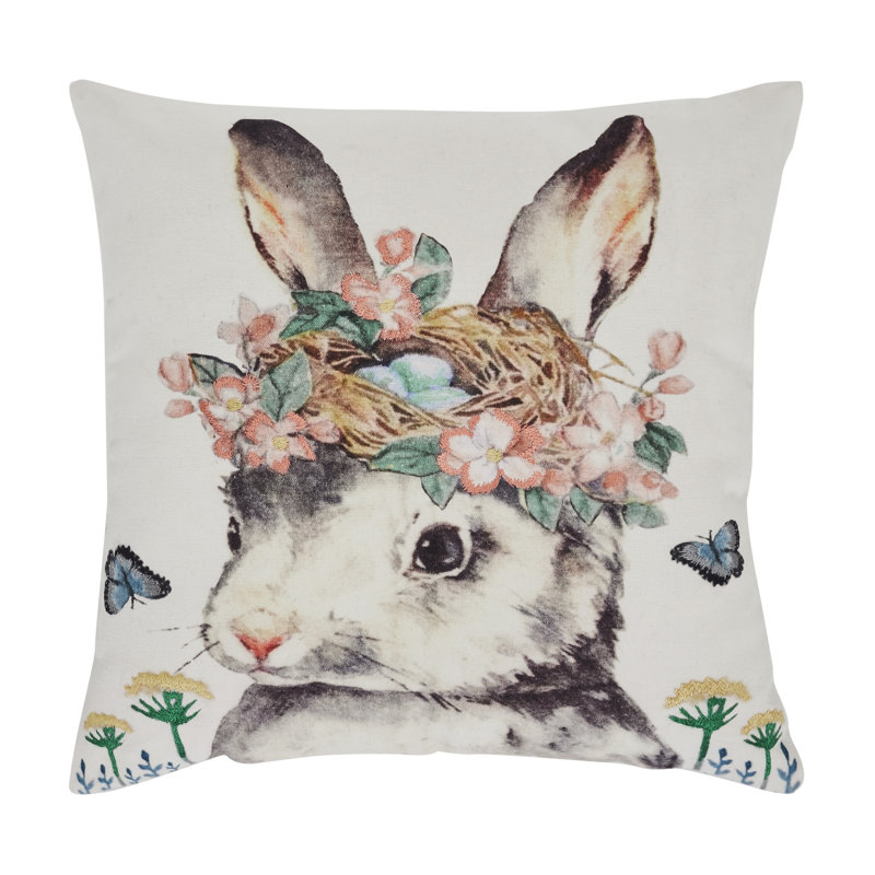 Farmhouse Grey Cotton Embroidered Bunny Accent Pillow