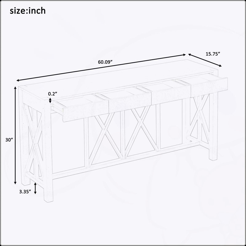 Console 60 po en placage d'acacia avec 4 tiroirs spacieux, Marine