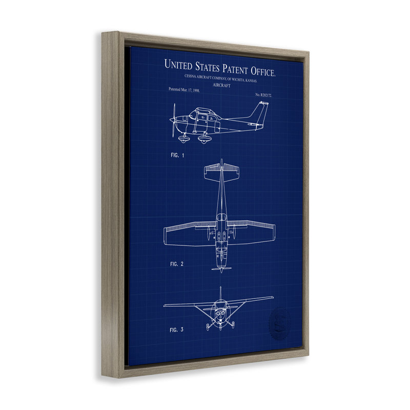 Art mural sur toile flottante encadrée brevet d'avions par Karl Hronek, Cadre flottant orme Montalcino, H 21 po x l 17 po