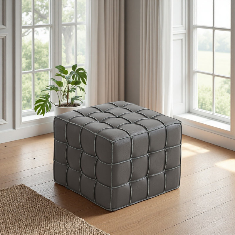 Repose-pieds capitonné en cuir véritable de 17,32 po de largeur et repose-pieds pour le salon et la chambre à coucher, Gris